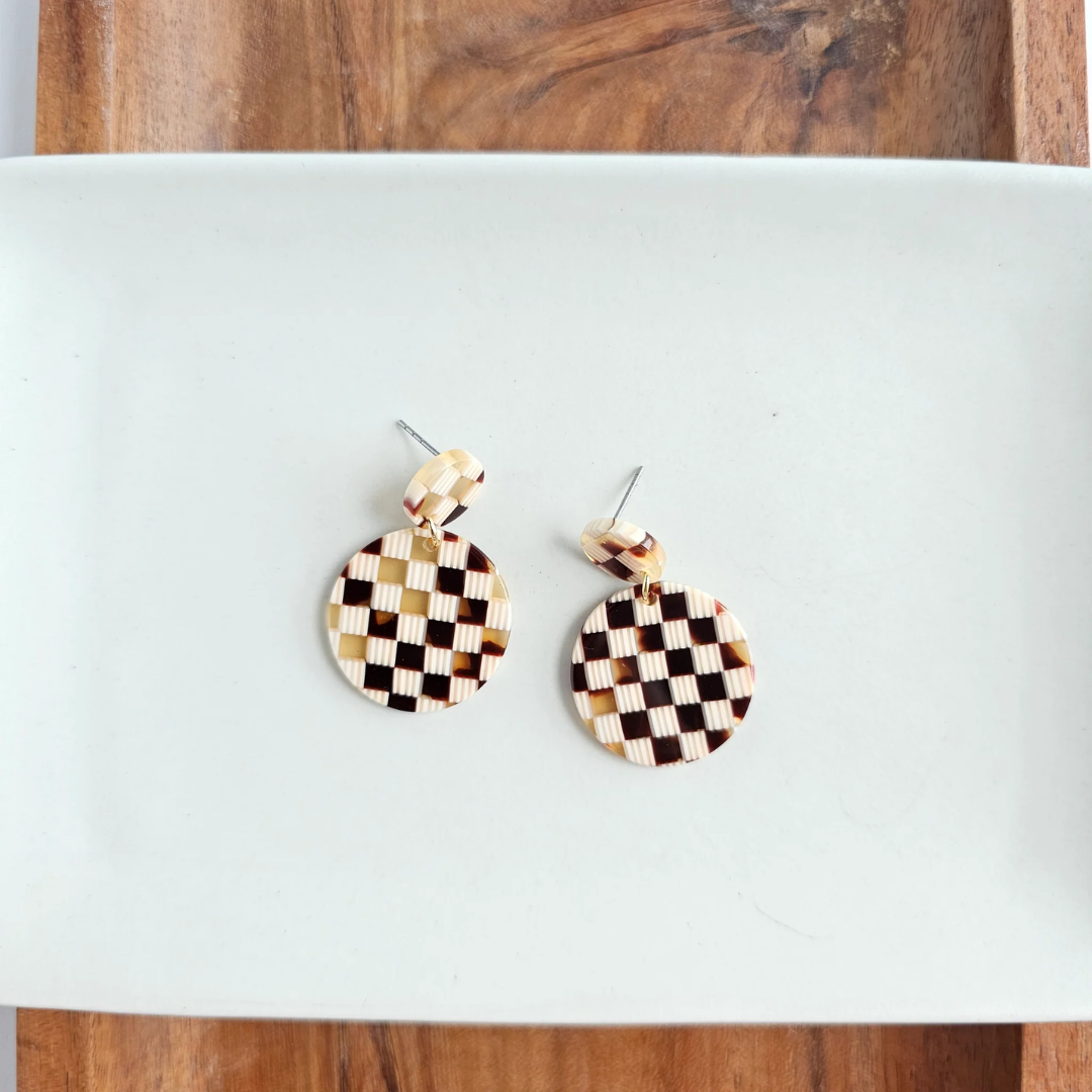 Addy Earrings - Brown Checker