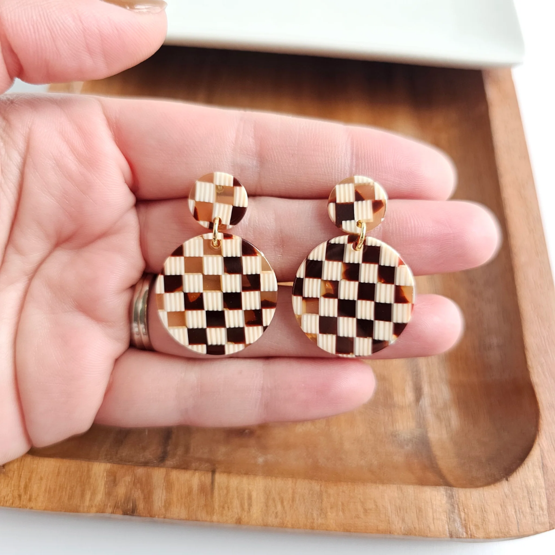 Addy Earrings - Brown Checker