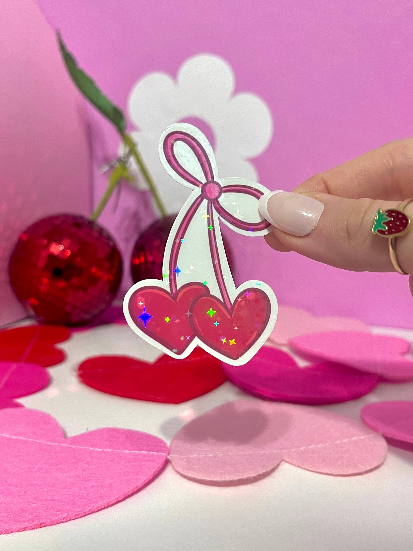 Cherries Hearts and Bows Vinyl Sticker - Glitter