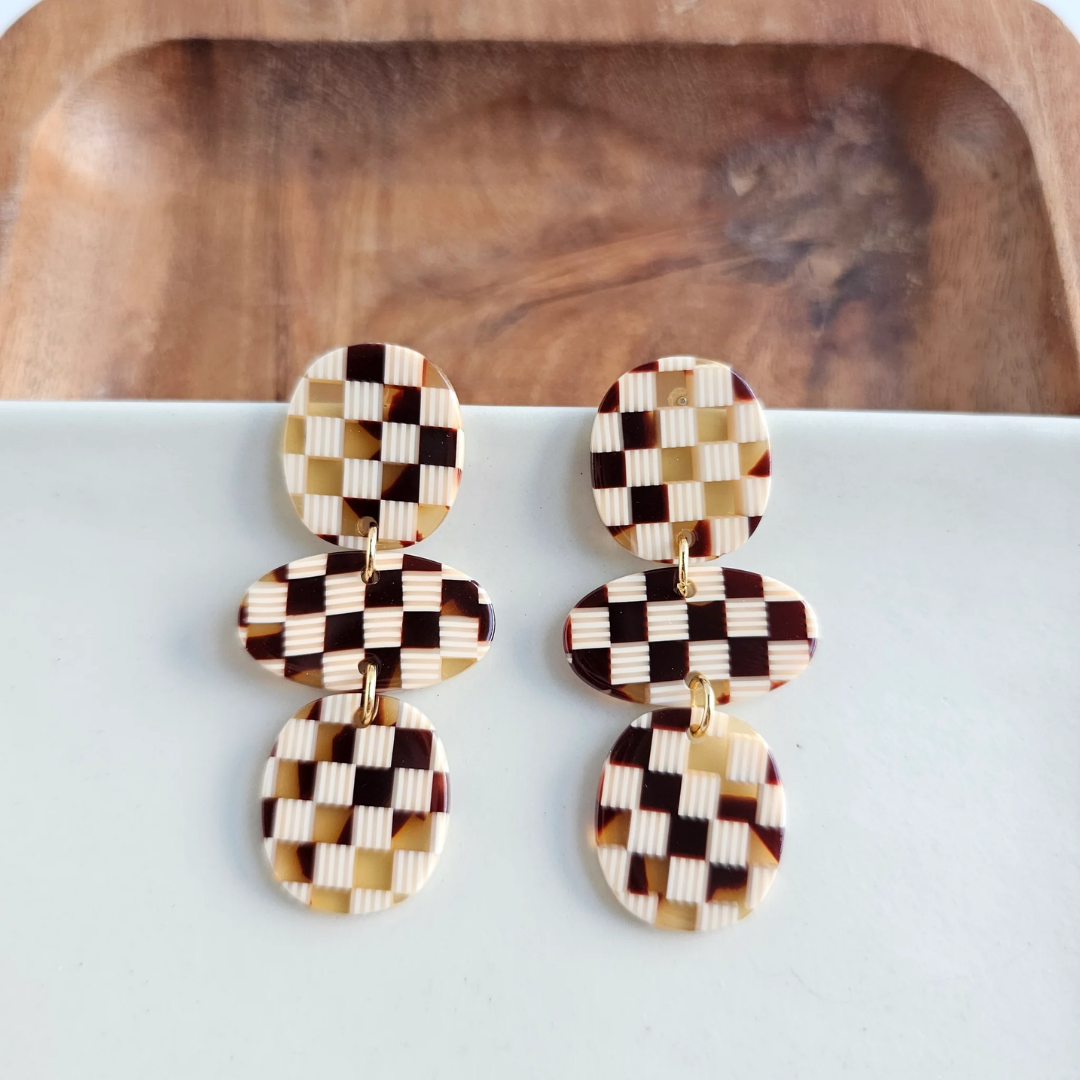 Florence Earrings - Brown Checker