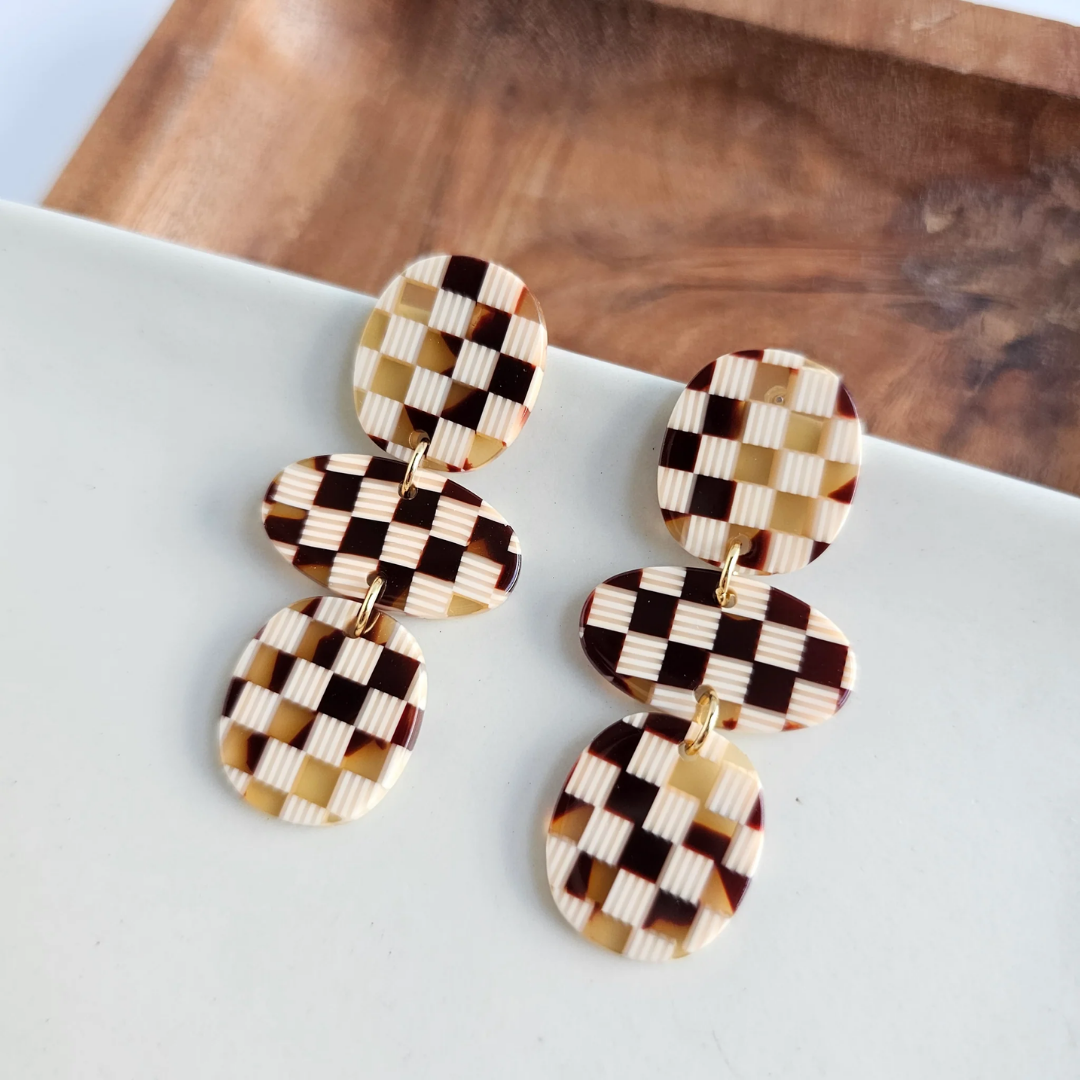 Florence Earrings - Brown Checker