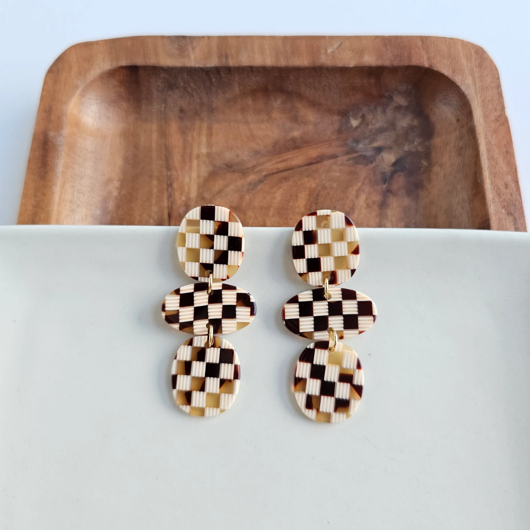 Florence Earrings - Brown Checker