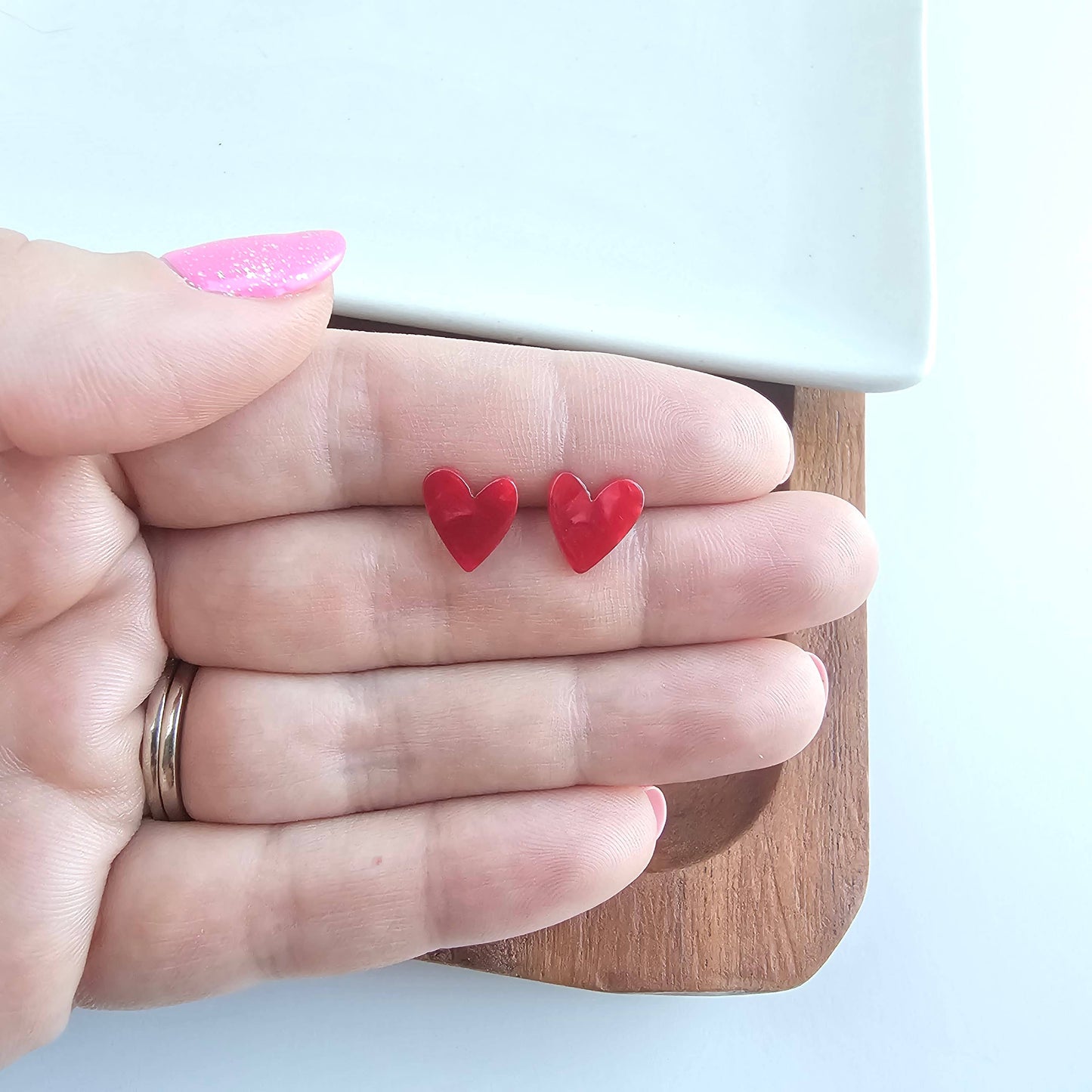 Red Hand-Drawn Heart Studs